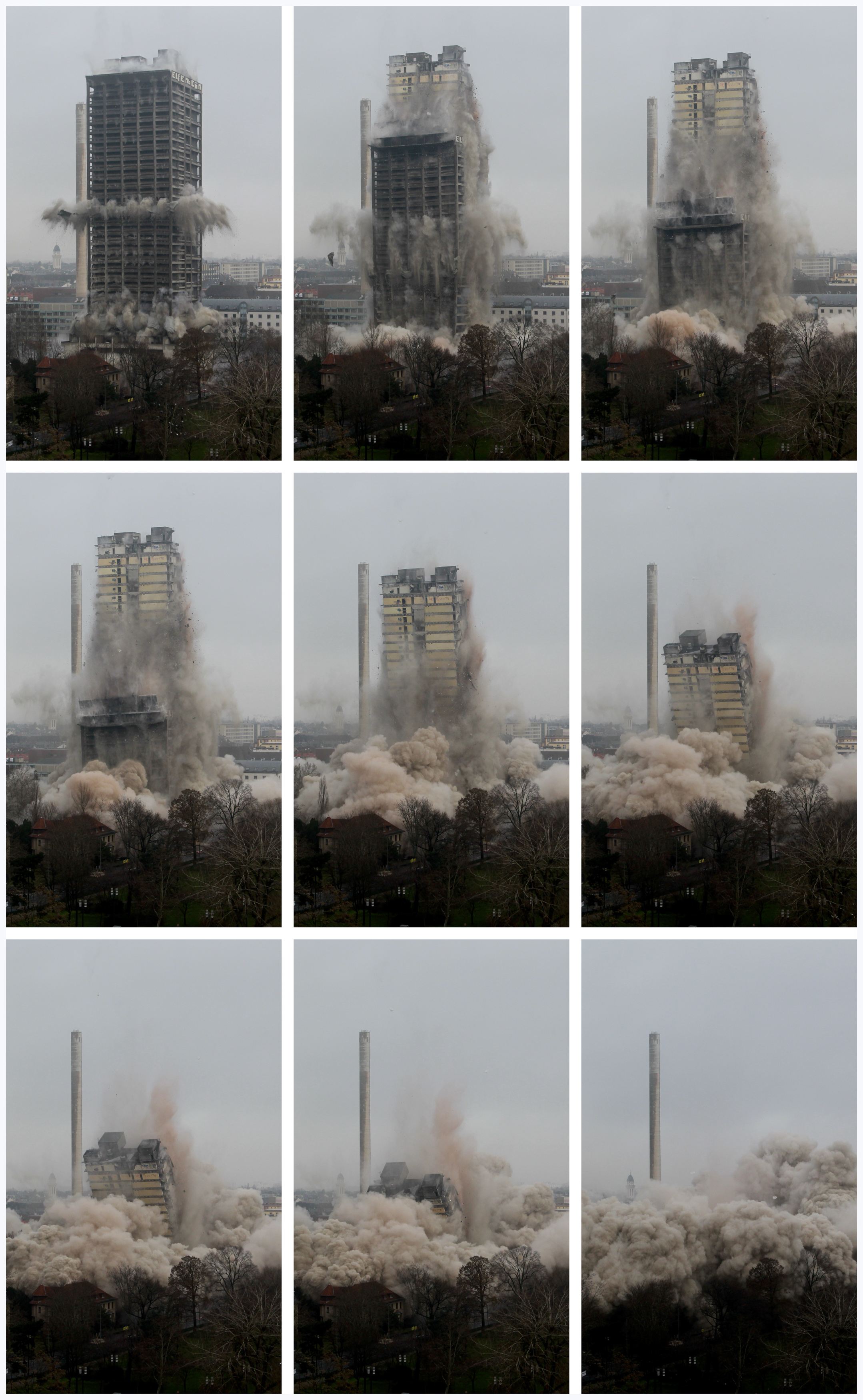 Sekvencia záberov počas odstrelu výškovej budovy vo Frankfurte nad Mohanom.