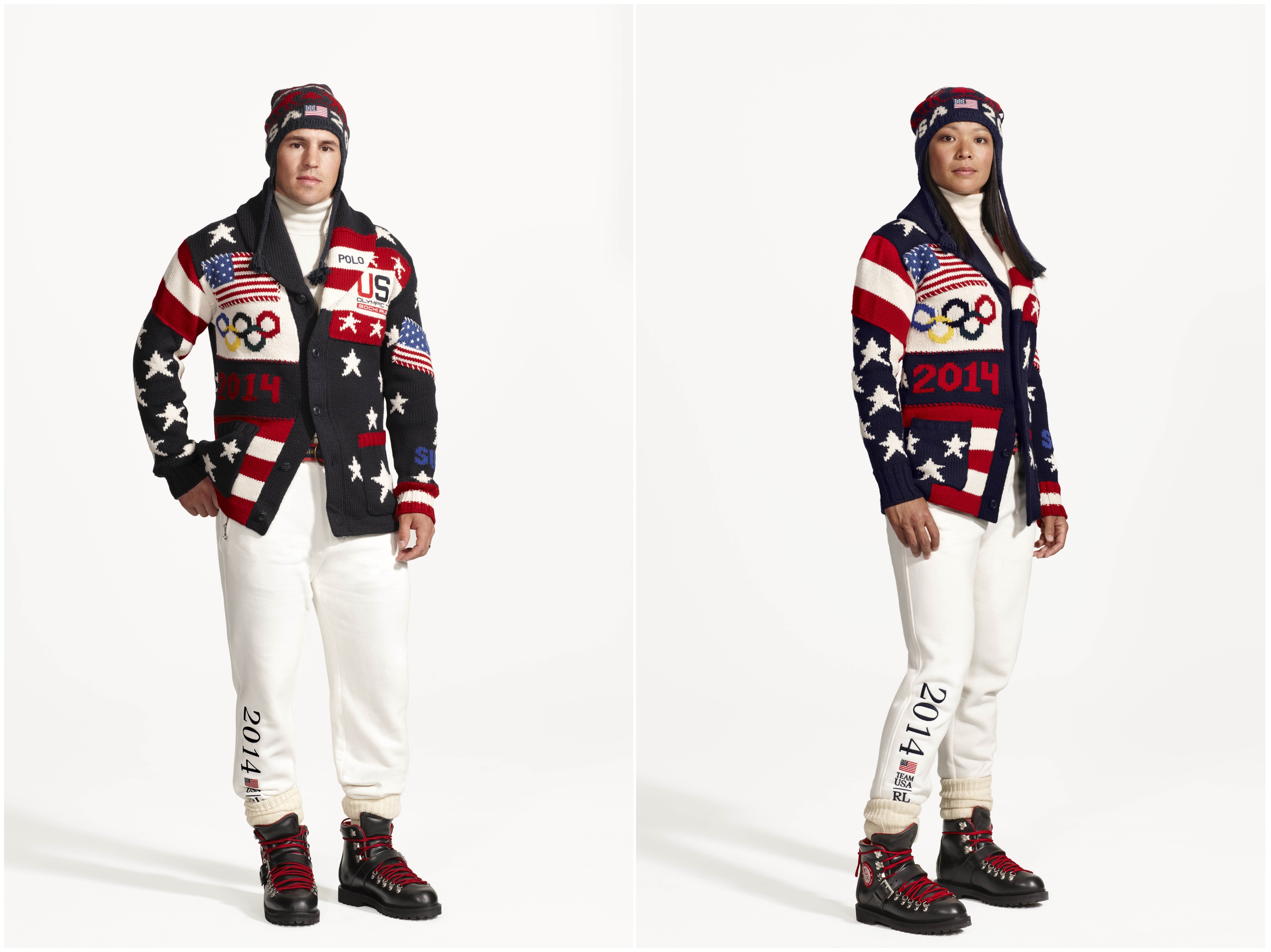Hokejista Zach Parise a hokejistka Julie Chu v oficiálnej rovnošate americkej olympijskej výpravy. Tieto svetre od Ralpha Laurena idú na dračku.