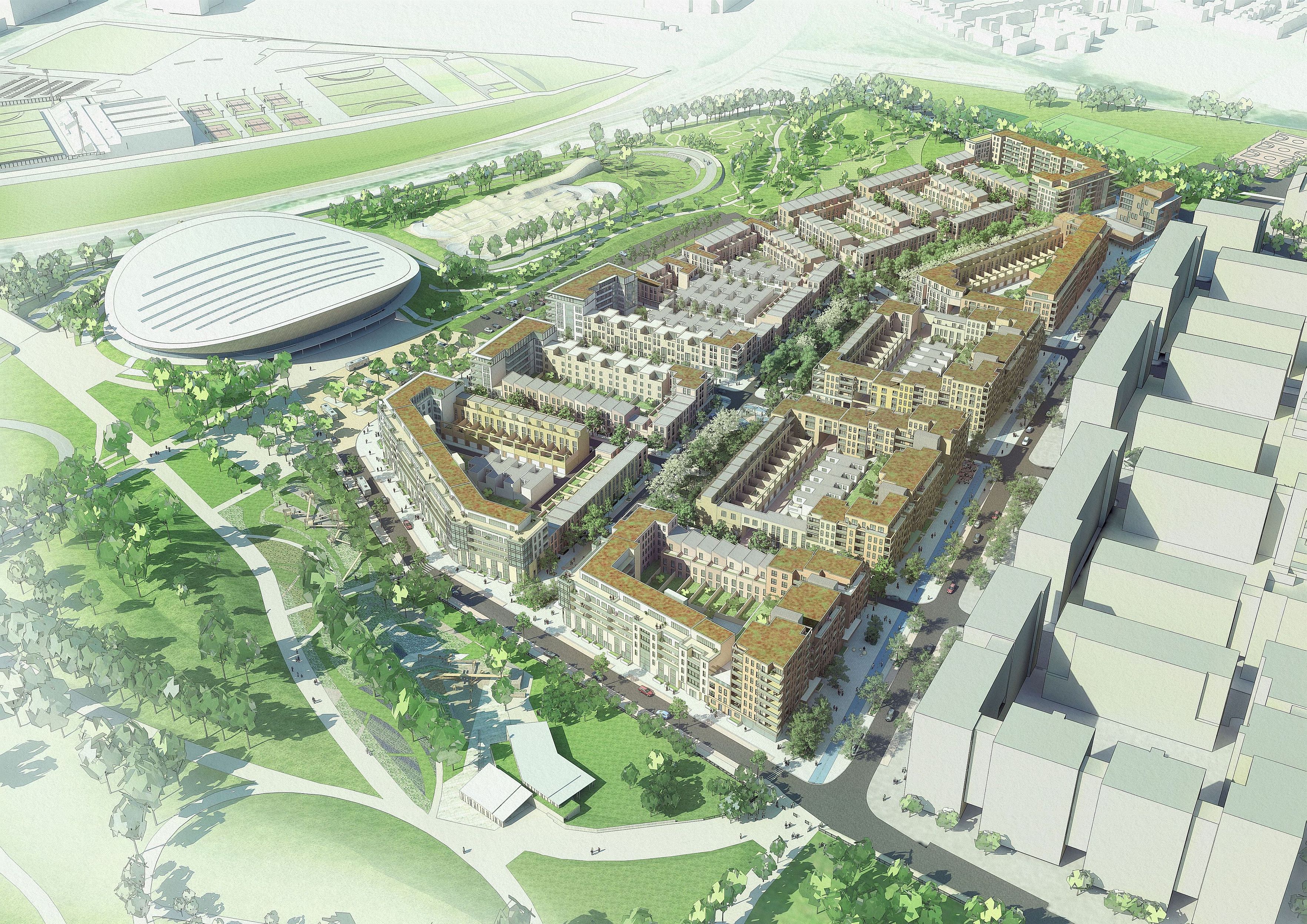 Vizuallizácia Chobham Manor, prvého projektu, ktorý bude postavený v londýnskom olympijskom parku. Nachádza sa medzi velodrómom a bývalou olympijskou dedinou.