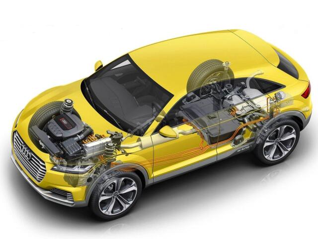 Hybridnú sústavu tvorí 4-valec 2,0 TFSI a dvojica elektromotorov. Jeden v prevodovke a druhý na zadnej náprave. Batérie sú umiestnené pod zadnými sedadlami.