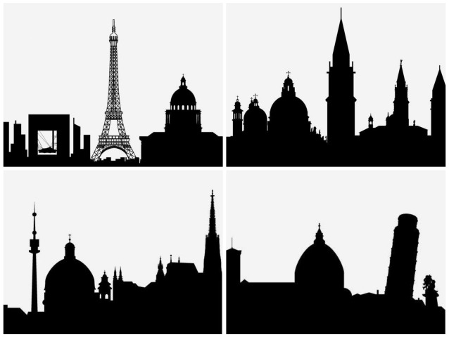 siluety, mestá, koláž, skylines,