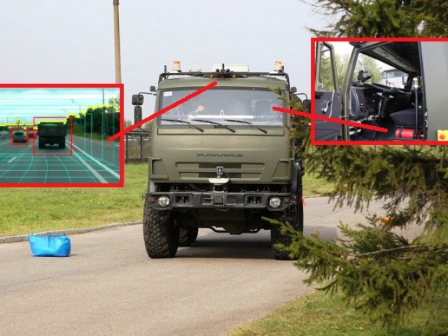 Skúšobný Kamaz je vybavený troma radarmi, jedným lidarom a štyrmi kamerami. Ich údaje vyhodnocujú dva počítače.