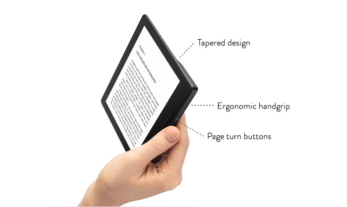 Čítačka Amazon Oasis je ľahšia a má ergonomický dizajn.