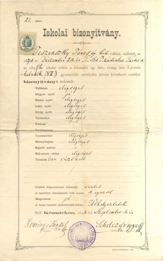 Vysvedčenie spisovateľa Janka Jesenského zo 7. triedy evanjelického lýcea v Kežmarku z roku 1892, dnes uložené v Literárnom archíve SNK.