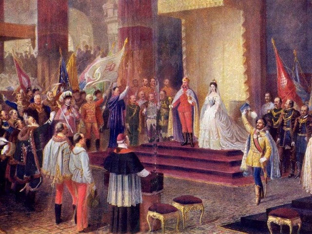 korunovácia, František Jozef I., Rakúsko-Uhorsko, Uhorsko, kráľ, poddaný, ilustrácia,