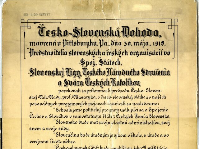 Originál Pittsburskej dohody uložený v tamojšom Historickom  centre Johna Heinza.