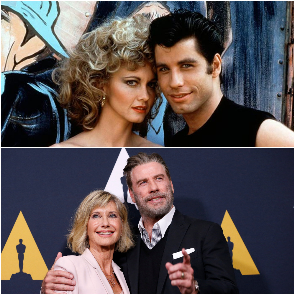 Herci John Travolta a Olivia Newton-John na zábere z muzikálu Pomáda a o 40 rokov neskôr na akcii pri príležitosti osláv jubilea tohto muzikálu.