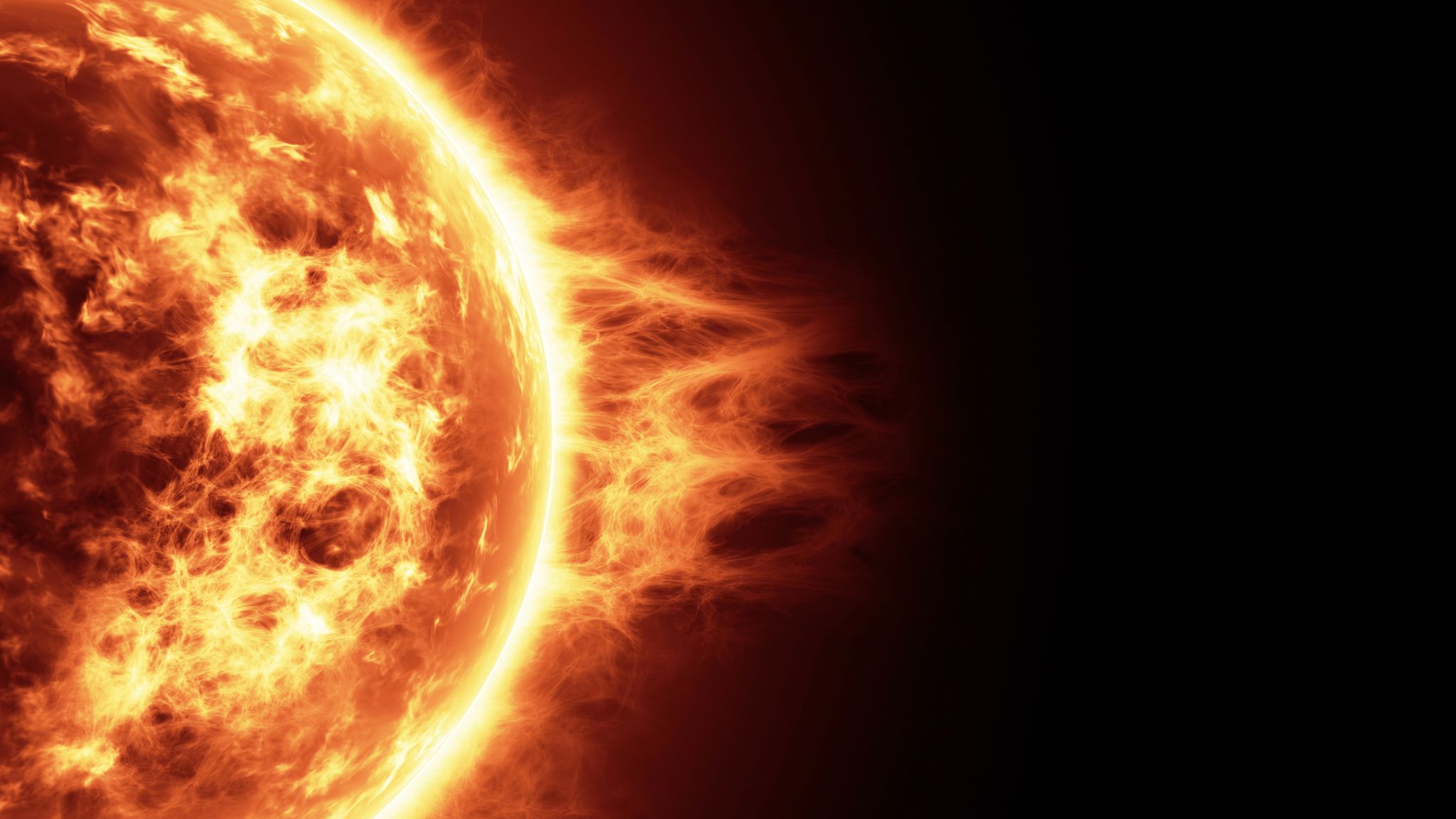 Realistická 3D ilustrácia povrchu Slnka so slnečnými erupciami.