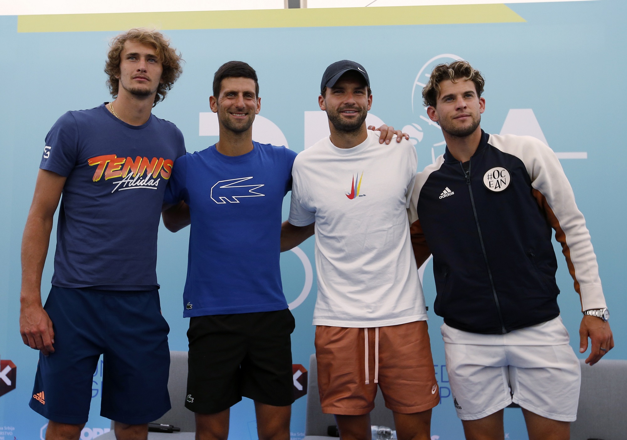 Zľava: Alexander Zverev, Novak Djokovič, Grigor Dimitrov a Dominic Thiem na podujatí Adria Tour v Belehrade.