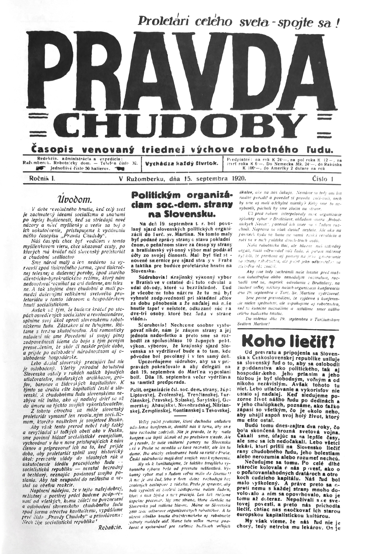 Pravda, titulná strana, titulka 15. september 1920