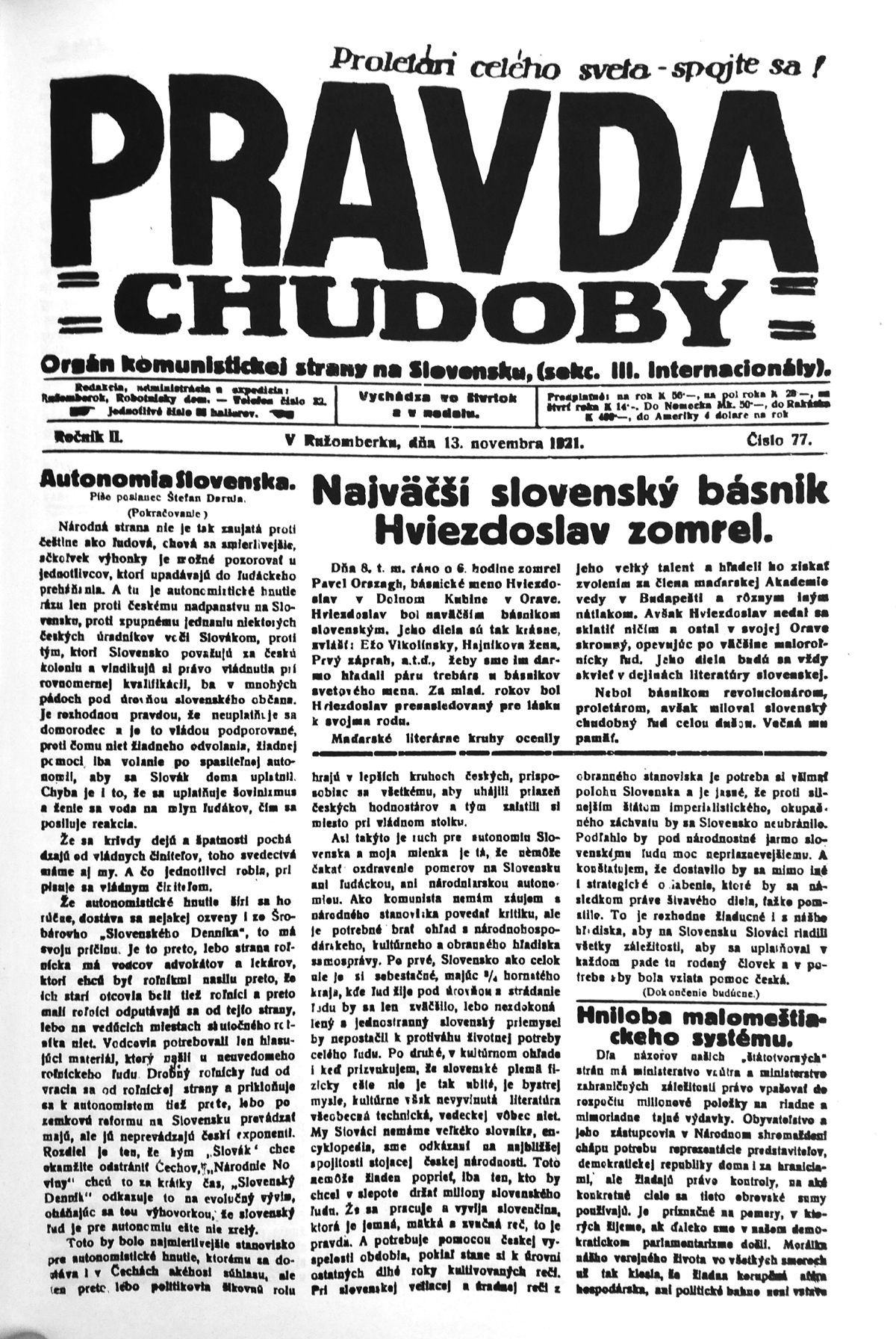 Pravda, titulná strana, titulka 13. november 1921