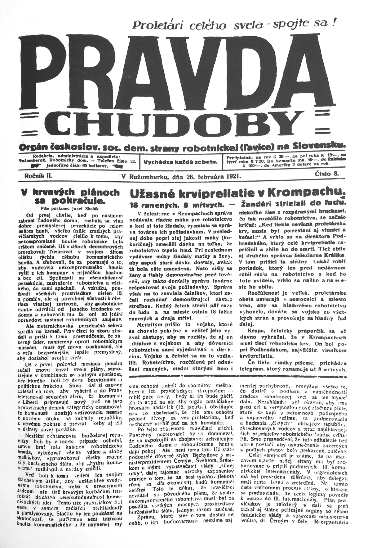 Pravda, titulná strana, titulka 26. február 1921