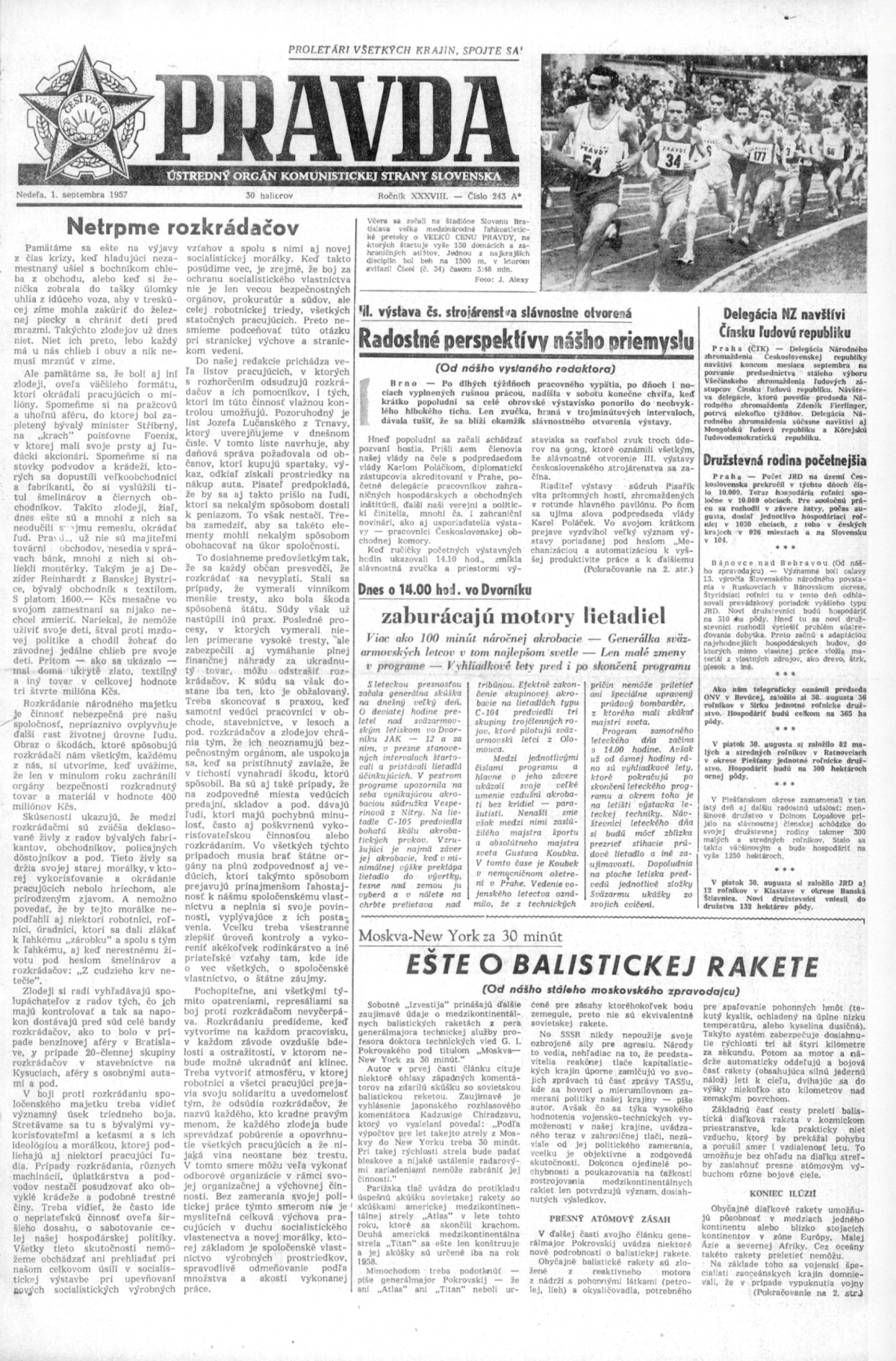 Pravda, titulná strana, titulka 1. september 1957