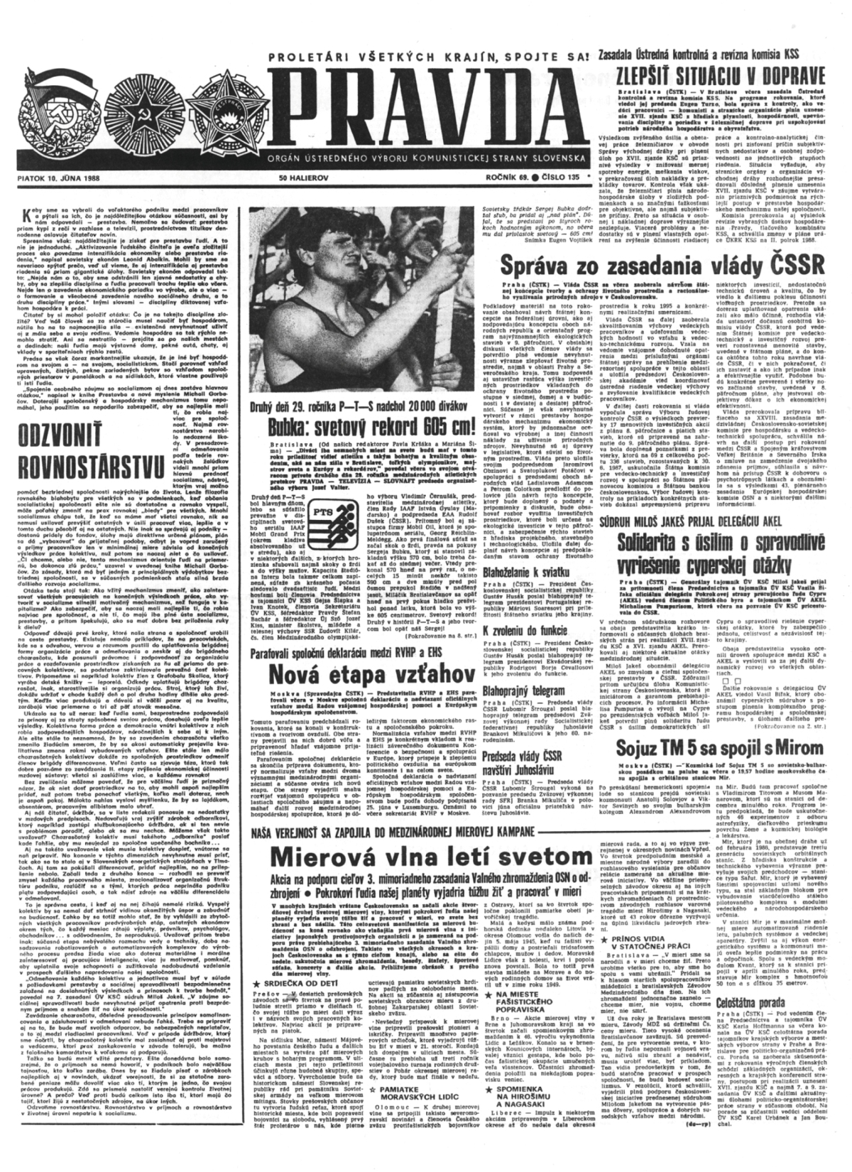 Pravda, titulná strana, titulka 10. jún 1988