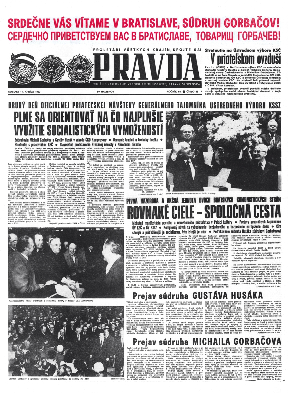 Pravda, titulná strana, titulka 11. apríl 1987
