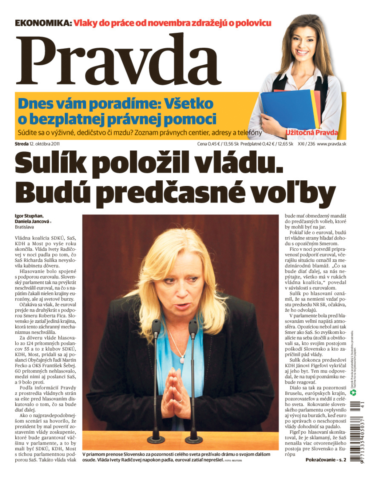 Pravda, titulná strana, titulka 12. október 2011