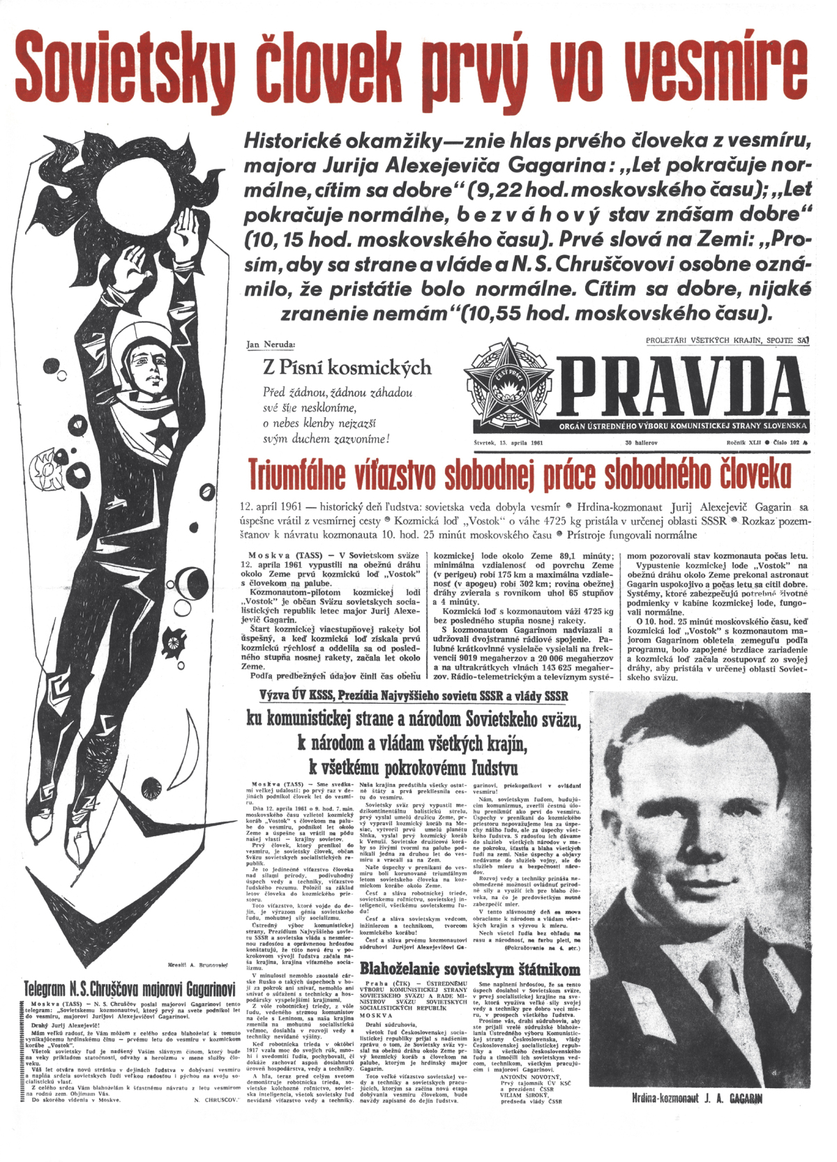 Pravda, titulná strana, titulka 13. apríl 1961