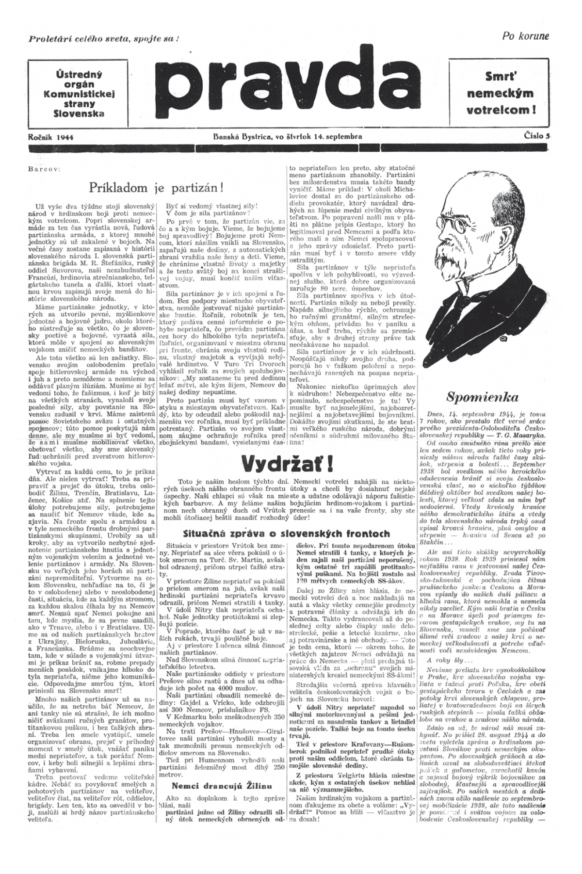 Pravda, titulná strana, titulka 14. september 1944
