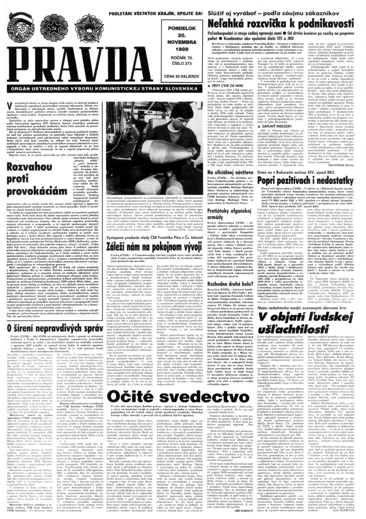 Pravda, titulná strana, titulka 20. november 1989