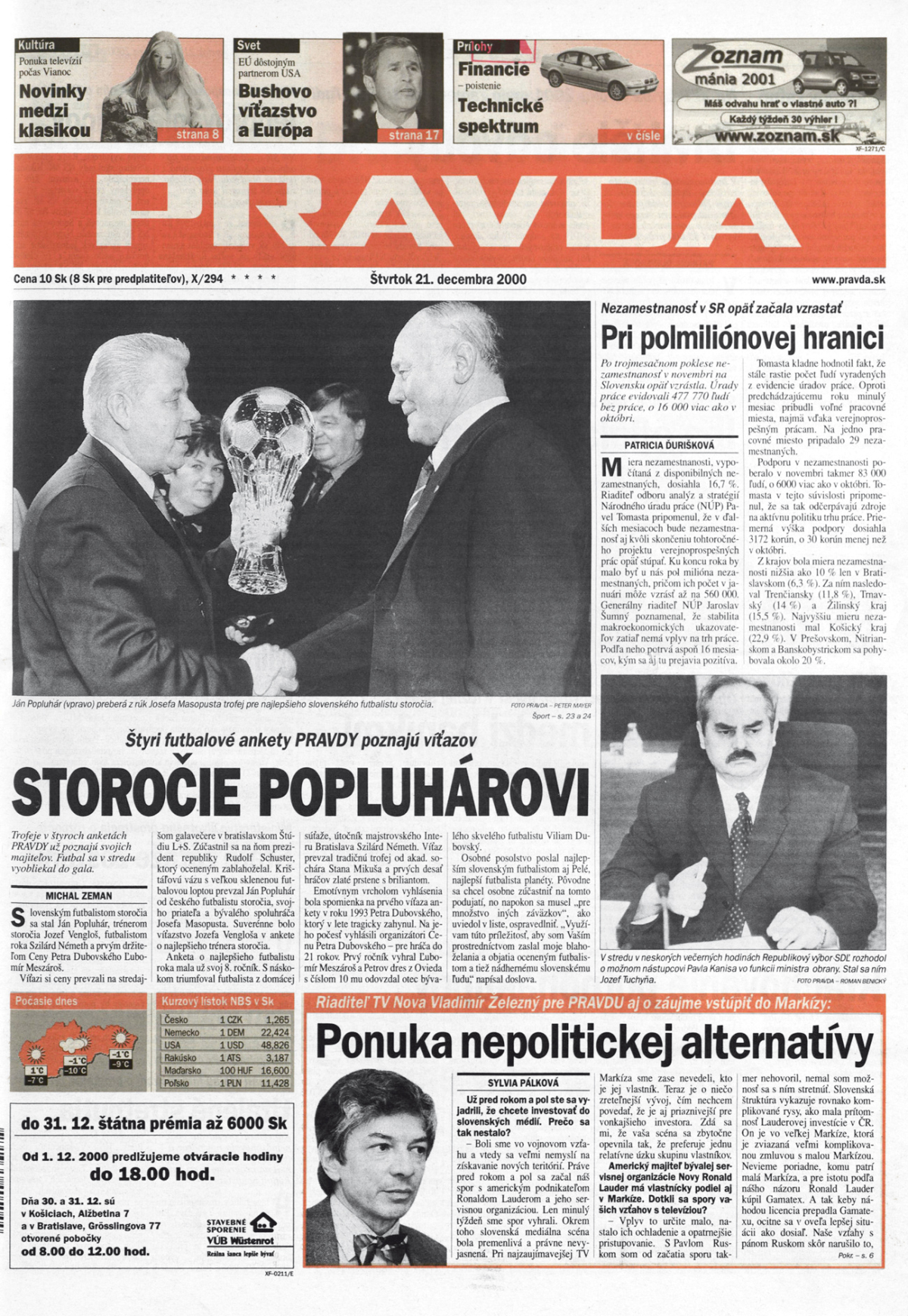 Pravda, titulná strana, titulka 21. december 2000