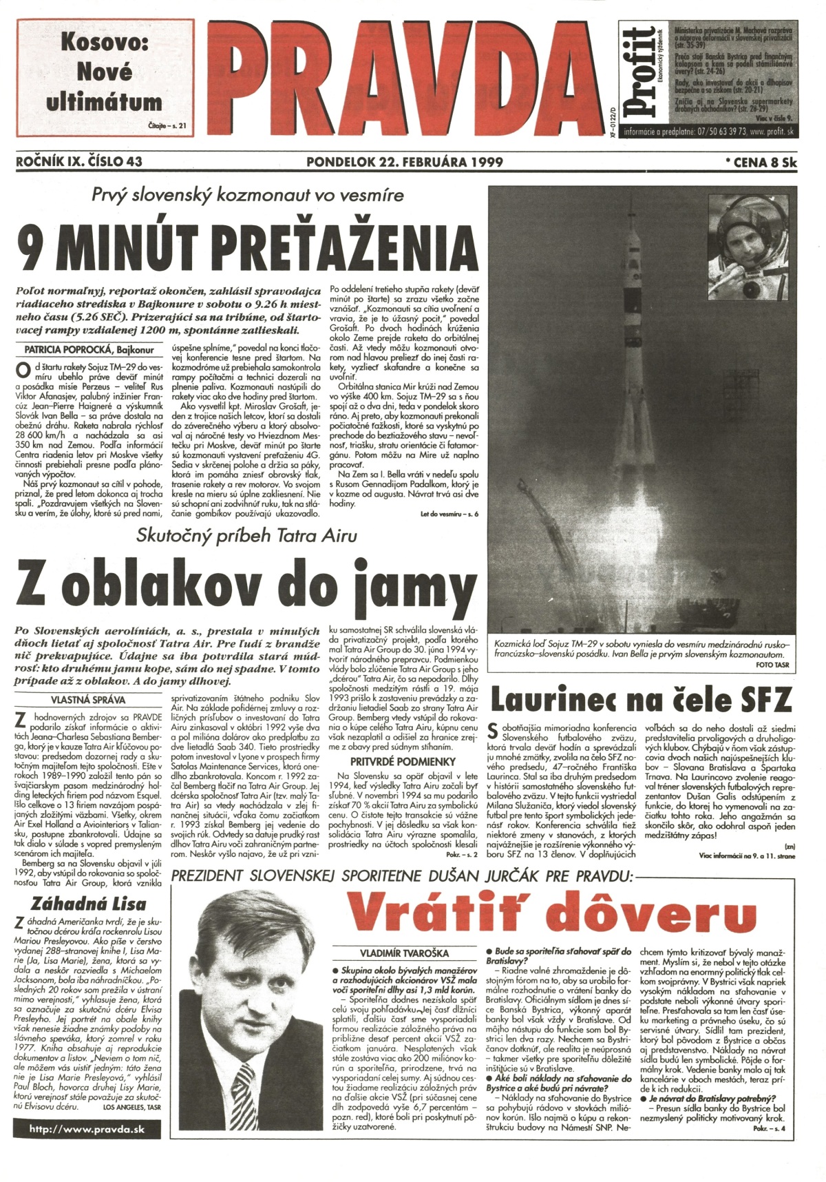 Pravda, titulná strana, titulka 22. február 1999