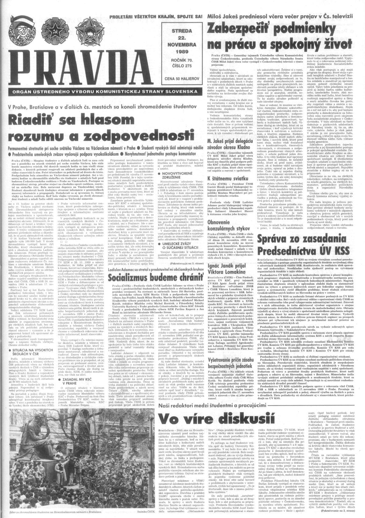 Pravda, titulná strana, titulka 22. november 1989