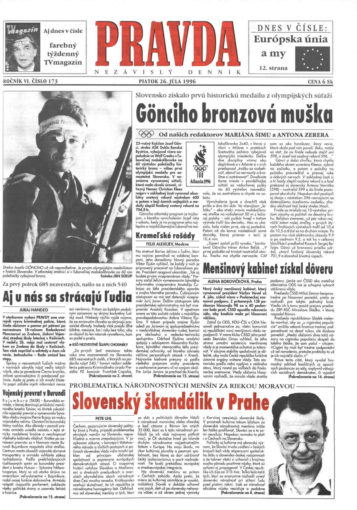 Pravda, titulná strana, titulka 26. júl 1996
