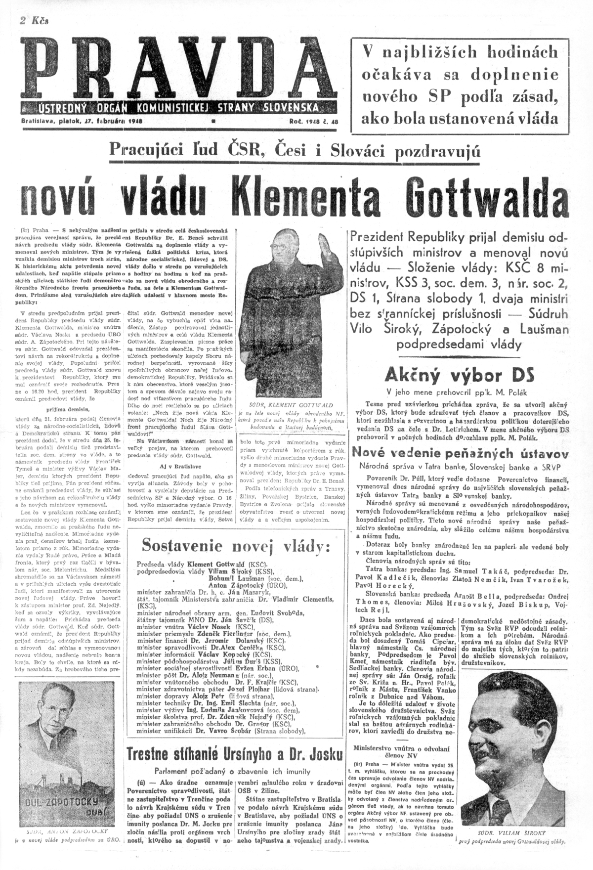 Pravda, titulná strana, titulka 27. február 1948