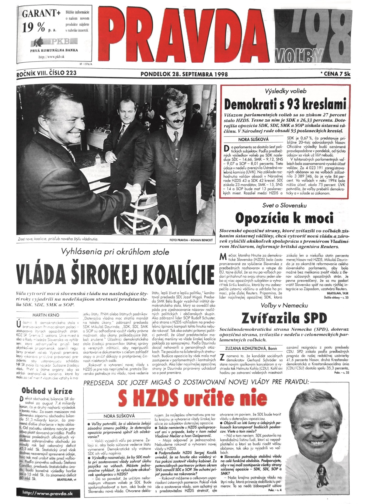 Pravda, titulná strana, titulka 28. september 1998