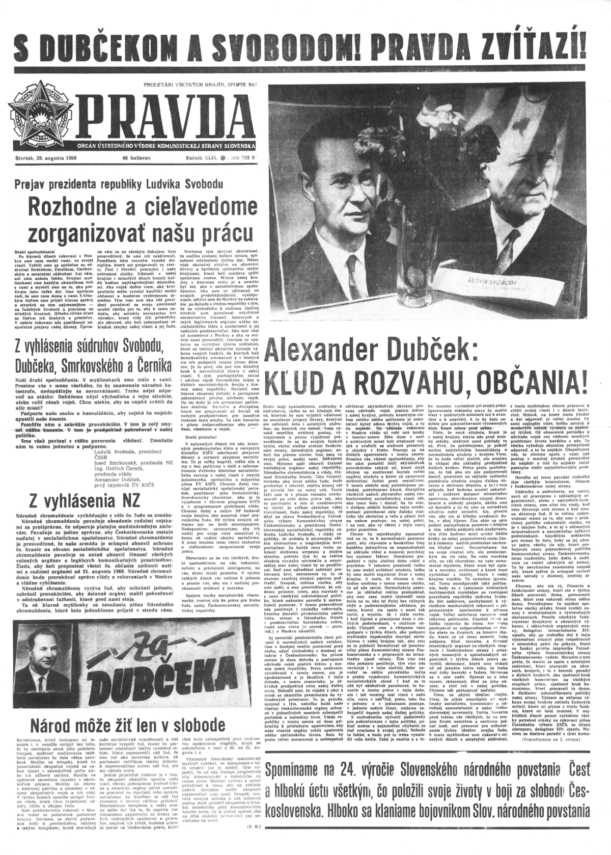 Pravda, titulná strana, titulka 29. august 1968