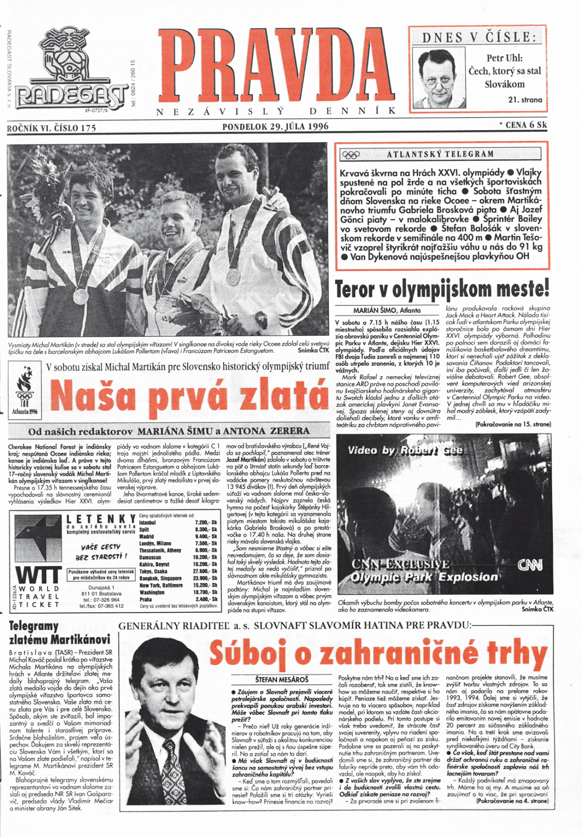 Pravda, titulná strana, titulka 29. júl 1996