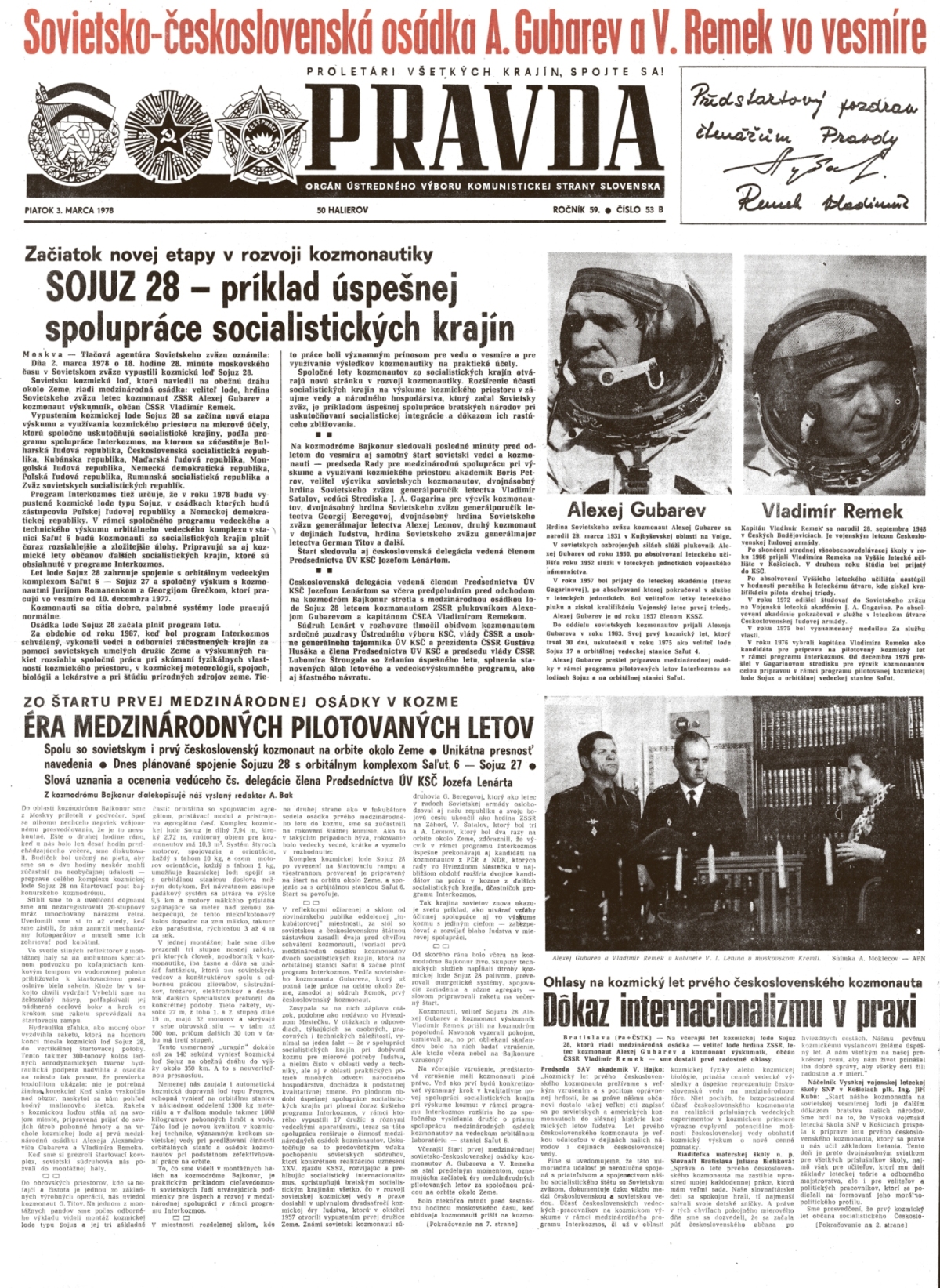 Pravda, titulná strana, titulka 3. marec 1978