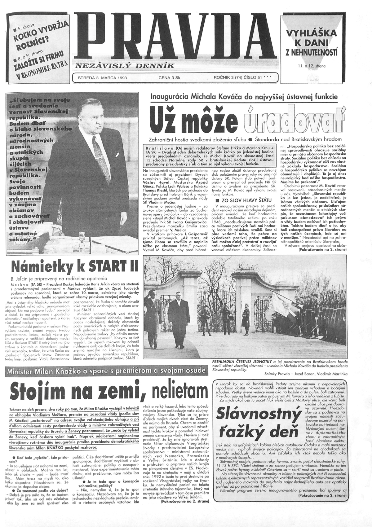 Pravda, titulná strana, titulka 3. marec 1993