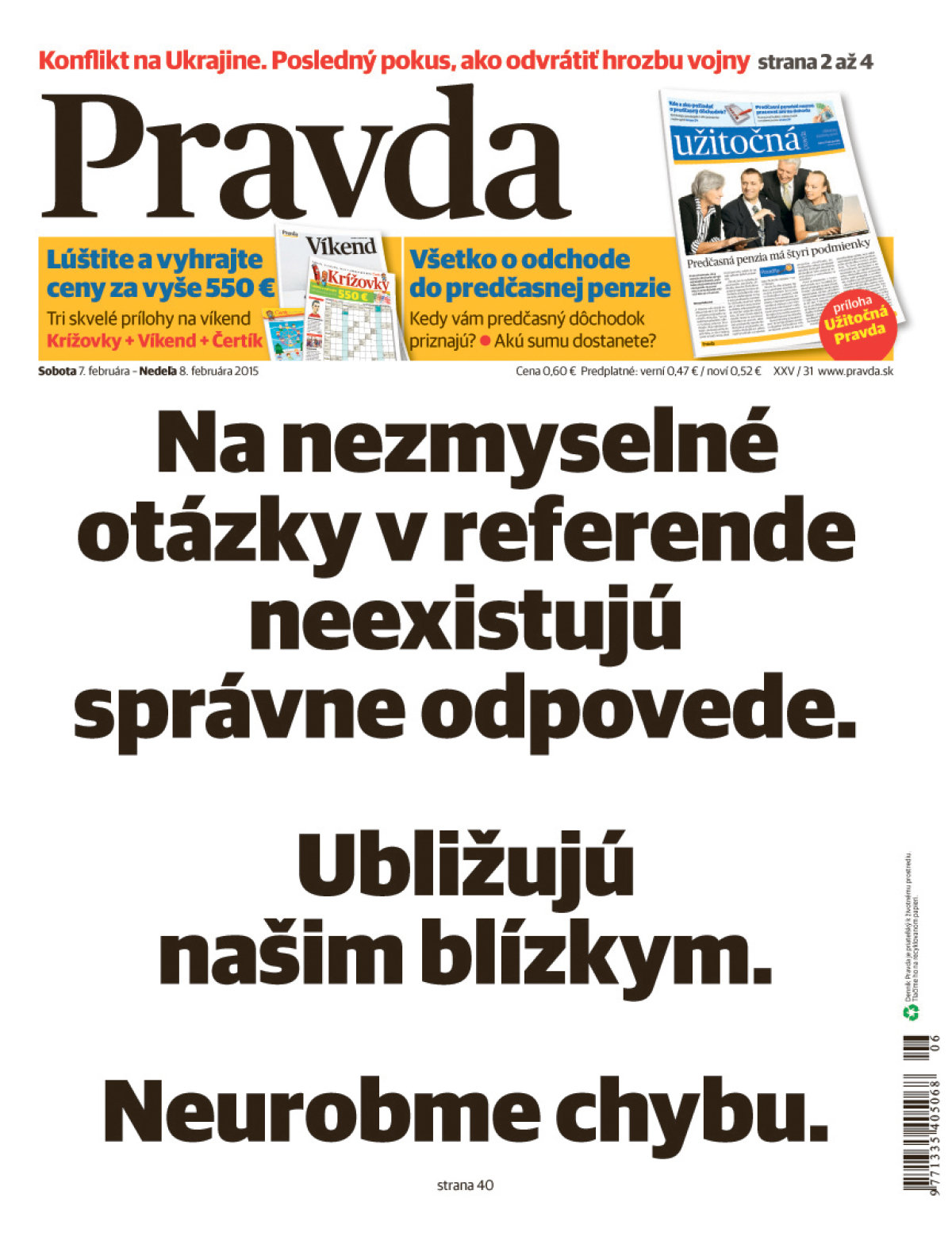 Pravda, titulná strana, titulka 7. február 2015
