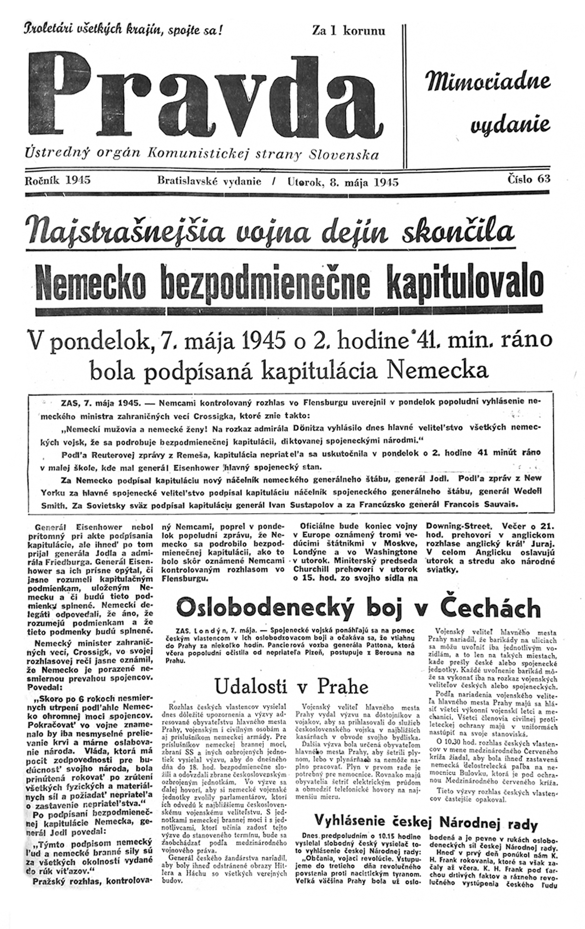 Pravda, titulná strana, titulka 8. máj 1945