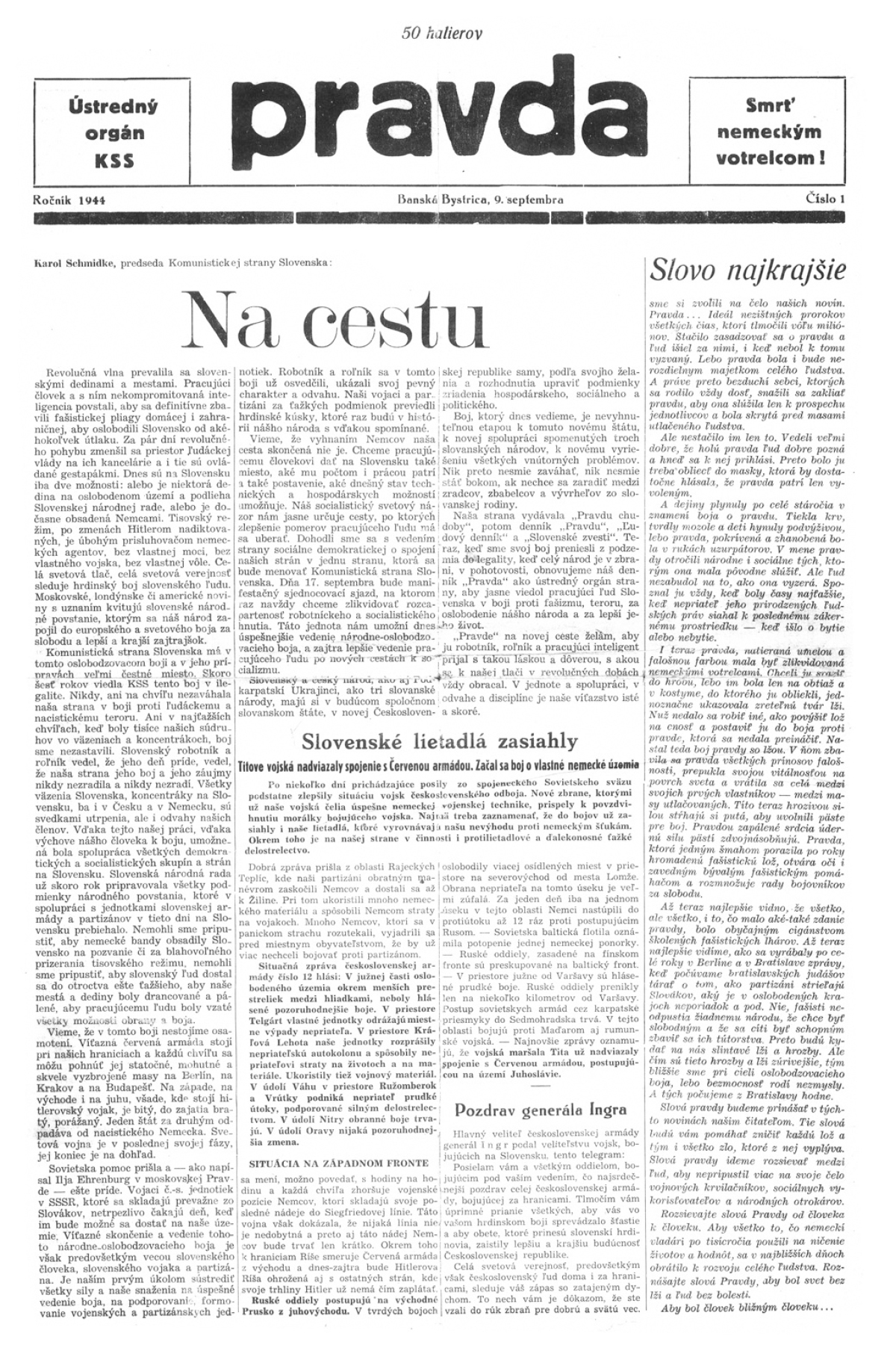 Pravda, titulná strana, titulka 9. september 1944