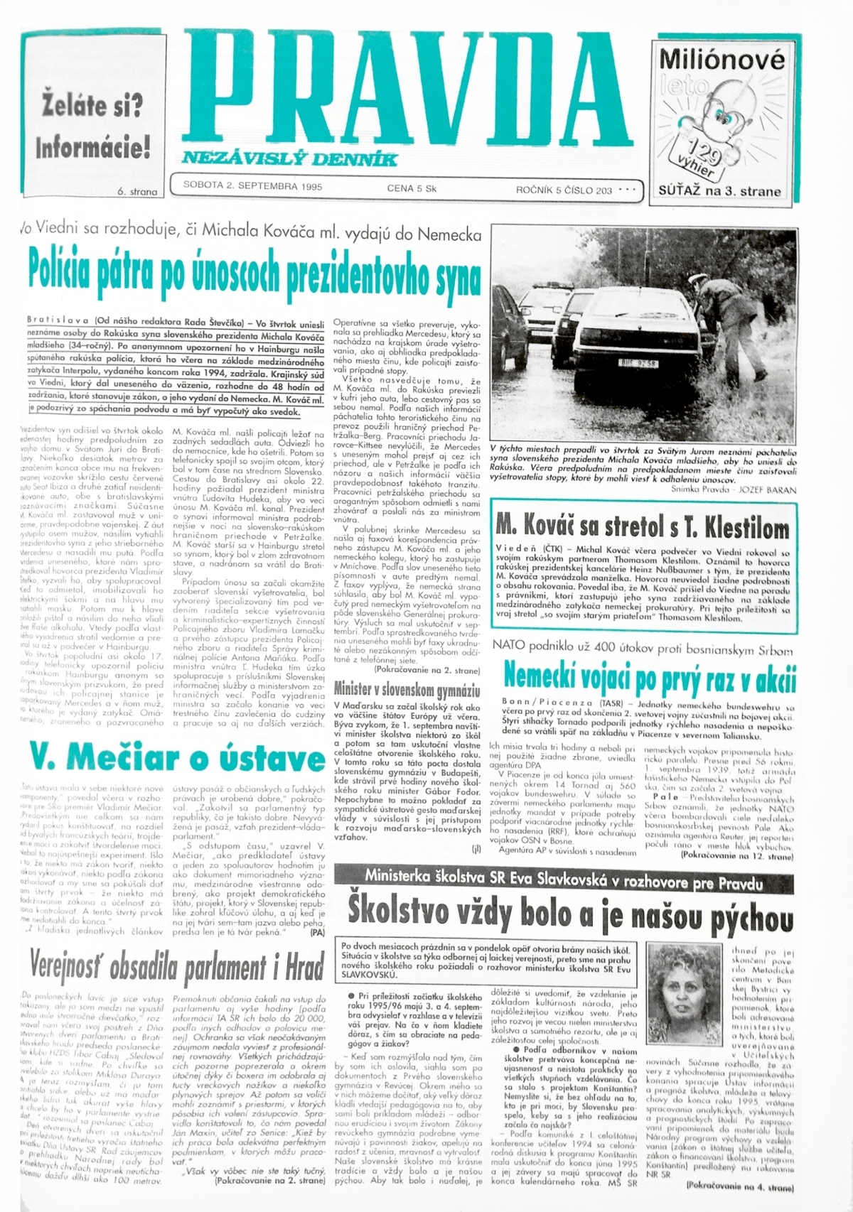 Pravda, titulná strana, titulka 2. september 1995