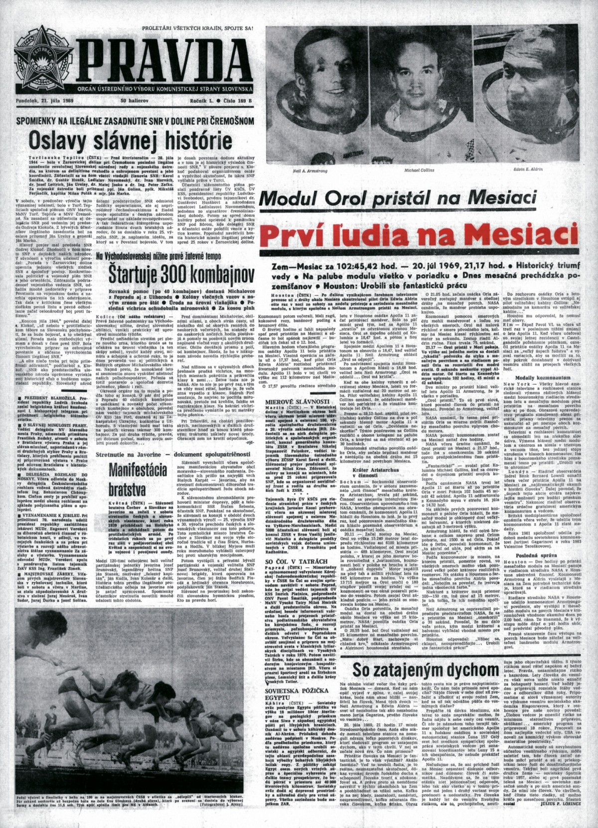 Pravda, titulná strana, titulka 21. júl 1969