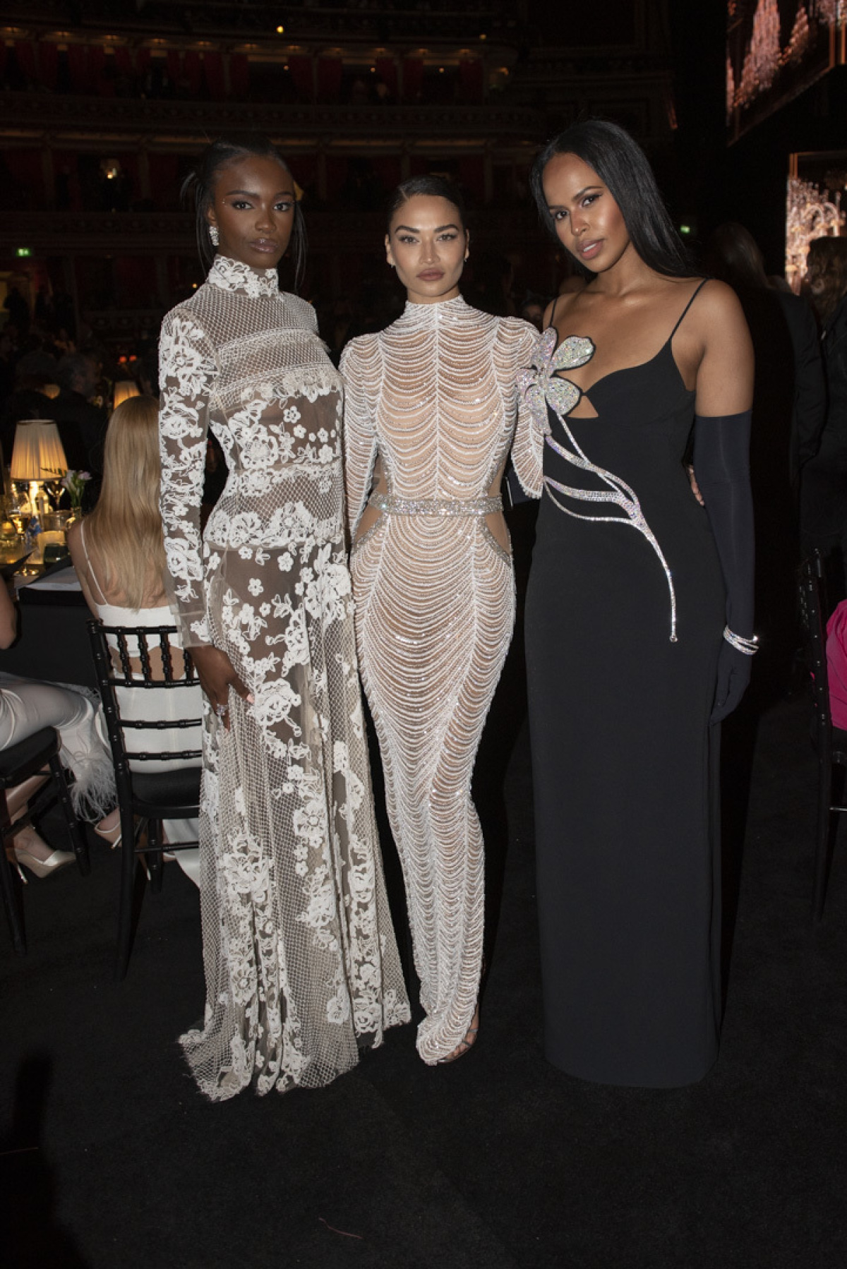 Leomie Anderson, Shanina Shaik and Sabrina Elba attend The Fashion Awards 2021 at the Royal Albert Hall on November 29, 2021 in London, England. (Photo by Bertie Watson, British Fashion Council)