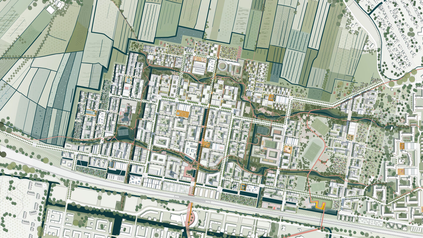 Grafická mapa plánovanej mestskej štvrte Oberwilderer v Hamburgu.