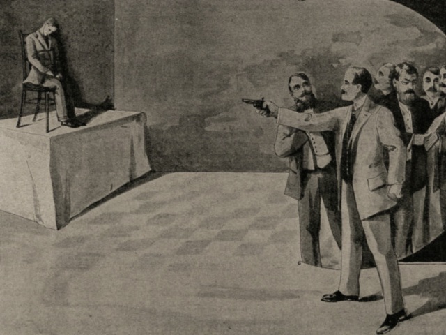 Ilustrácia k streľbe G. Kovácsa na K. Tiszu v uhorskom sneme, 8. jún 1912.