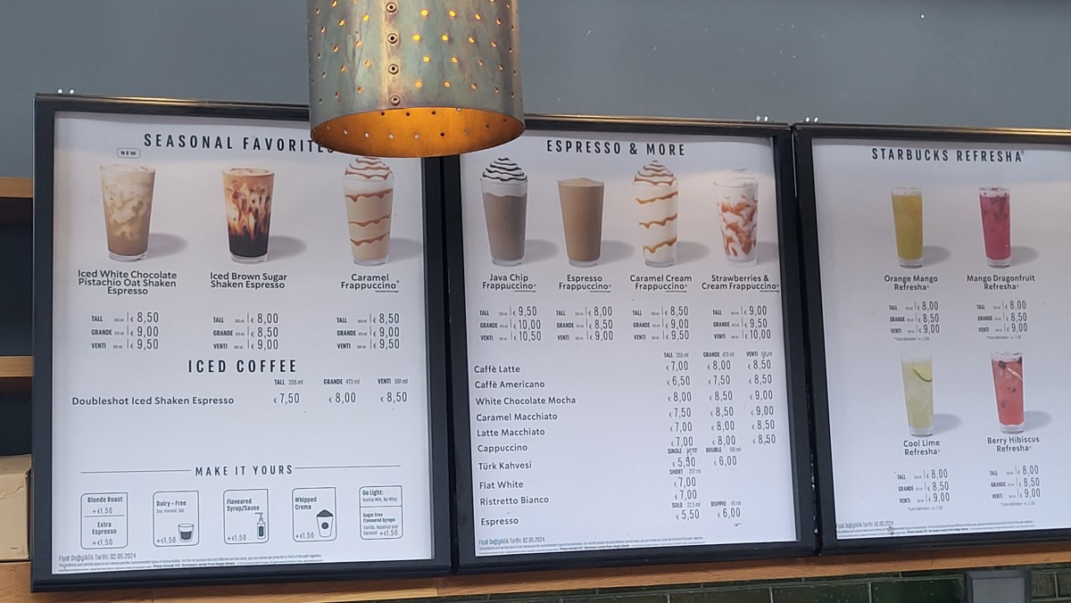 ceny napojov v Starbucks, letisko Antalya