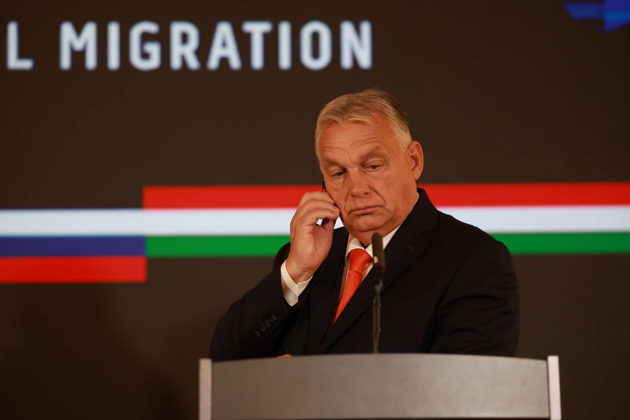Maďarský premiér Viktor Orbán na tlačovej konferencii v Komárne.