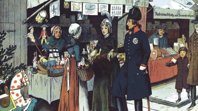 Pruský kráľ Friedrich Wilhelm III. a kráľovná Louise na berlínskom vianočnom trhu. Okolo roku 1820, drevorez.