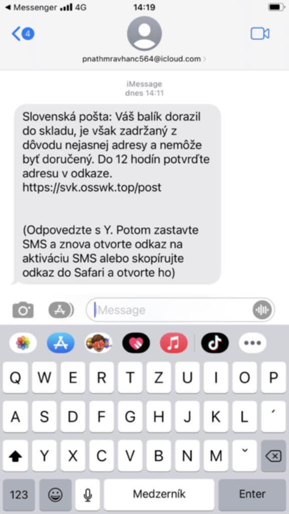 Znenie falošnej SMS.