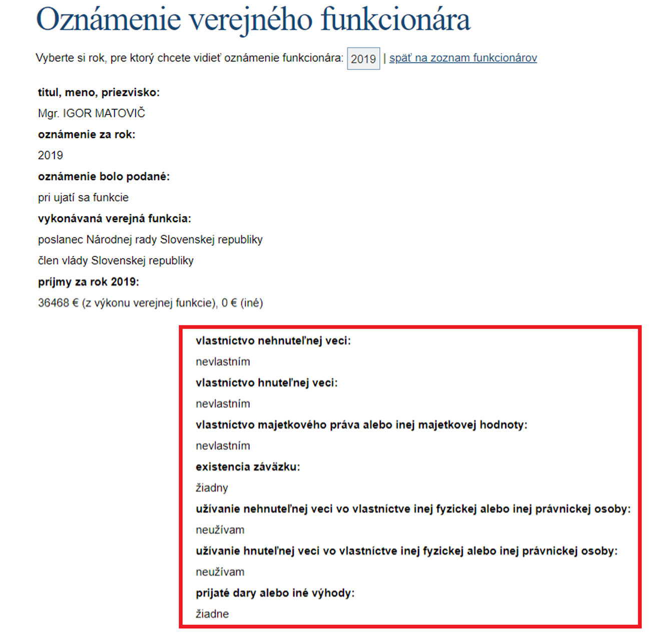 Majetkové priznanie poslanca Igora Matoviča z roku 2019 po tom, čo všetok majetok previedol na manželku.