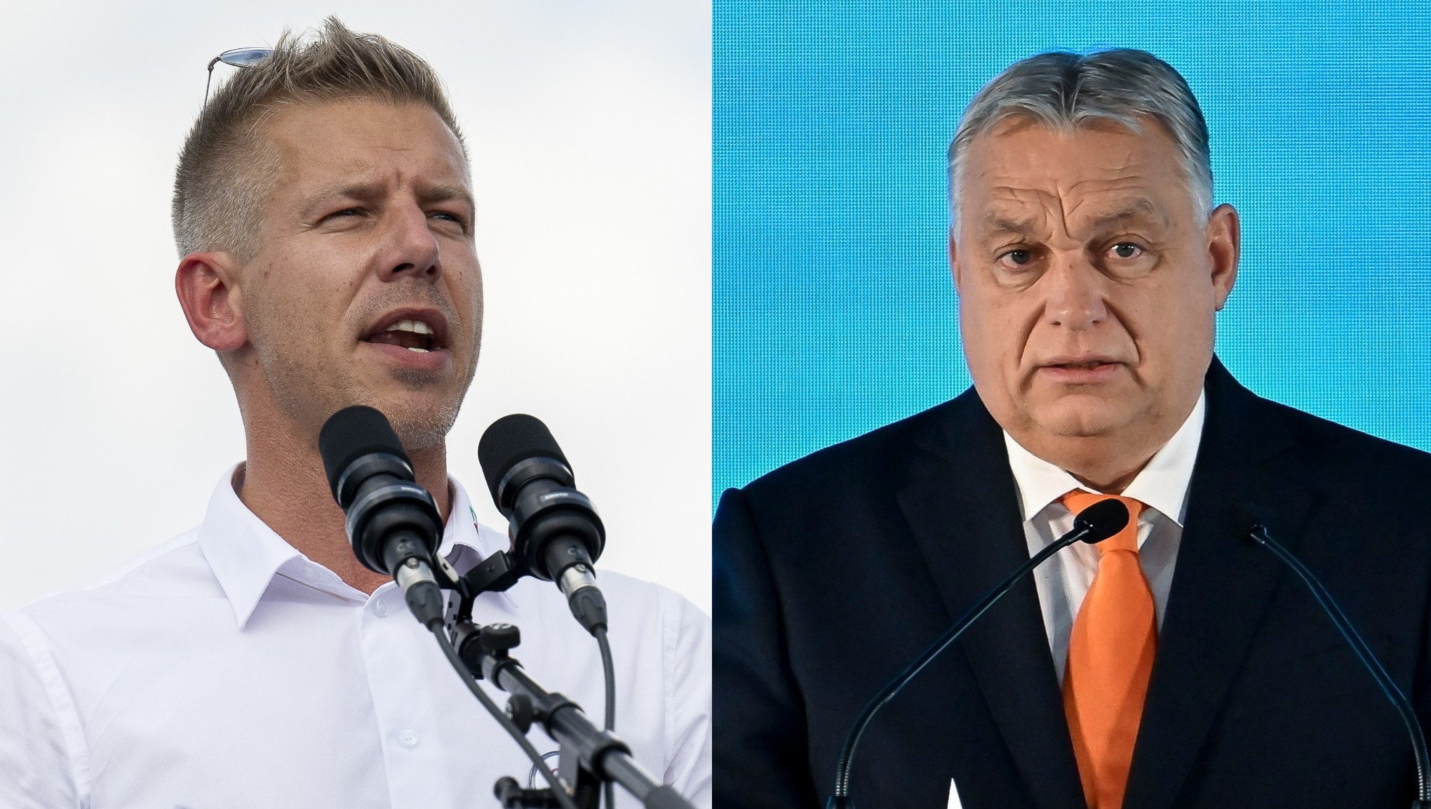Líder opozičnej strany Tisza Péter Magyar a maďarský premiér a šéf Fideszu Viktor Orbán.