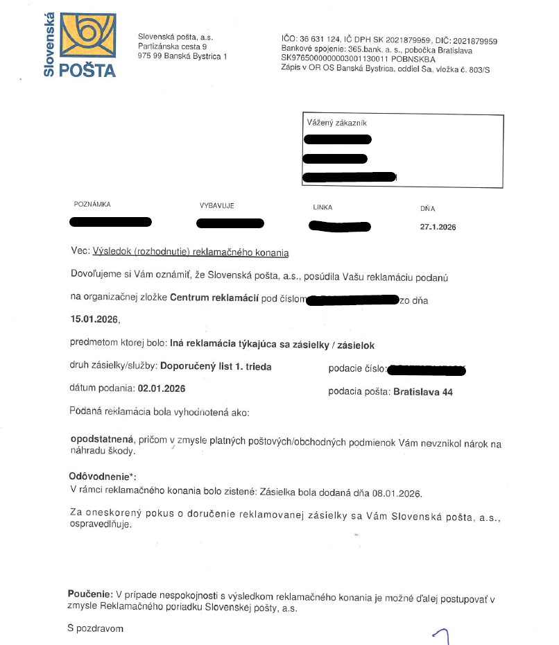 Výsledok reklamácie Slovenská pošta.