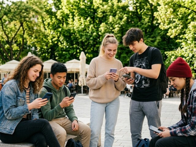 Mladí ľudia a sociálne siete - obrázok vytvorený AI