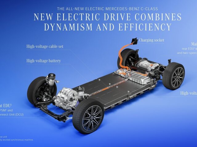 Platforma MB.EA používa 800 V architektúru. Batéria s tak na ďalších 320 km nabije len za 10 minút. Dvojica elektromotorov ponúka vo verzii C 400 4Matic výkon 360 kW a krútiaci moment ohromných 800 Nm.